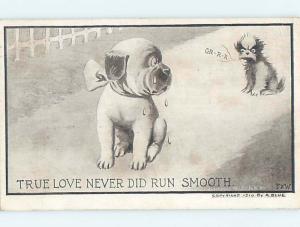 Pre-Linen comic signed CUTE DOG CRYING WHEN TRUE LOVE IS NOT SMOOTH HJ1864