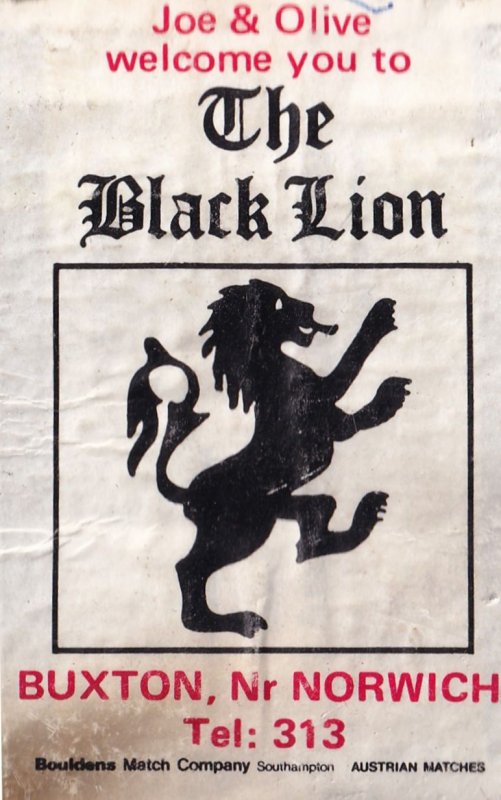 The Black Lion Buxton Norfolk Pub Inn Matchbox Label