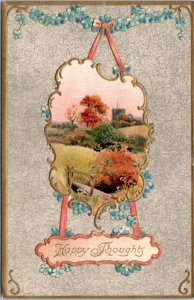 Postcard Greetings - Happy Thoughts - landscape scene with forget-me-nots