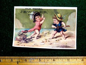 1870s-80s Kids Being Attacked By Crab Ocean Jules Wendell Jeweler Trade Card F28