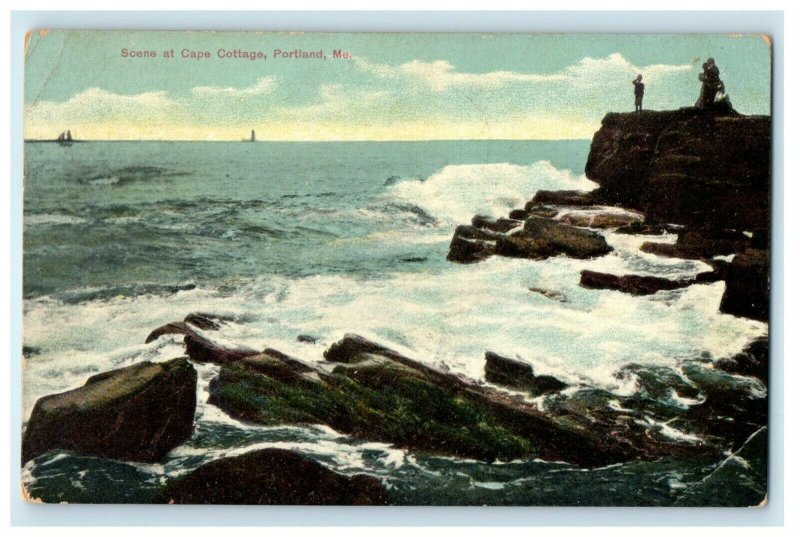 1908 Scene At Cape Cottage Surf Wave Portland Maine ME Antique Postcard 