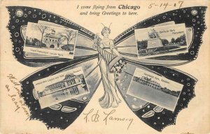 CHICAGO, IL Butterfly Woman Humboldt Park Multi-view 1907 Vintage Postcard