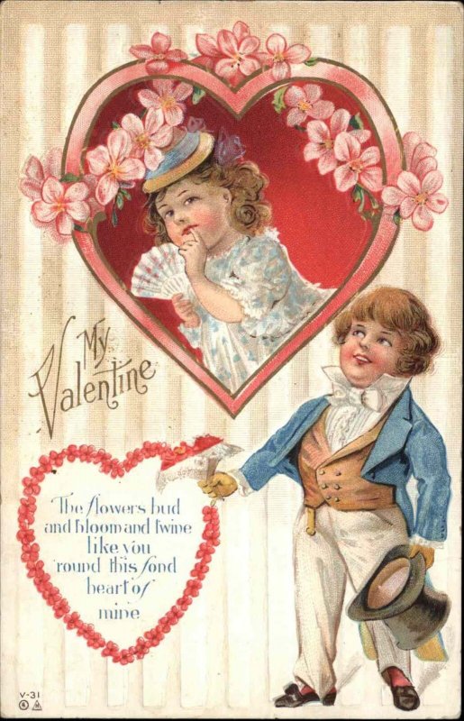 Valentine Little Girl with Fan Little Boy Top Hat c1910 Vintage Postcard