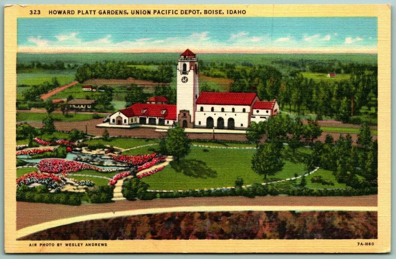 Howard Platt Gardens Union Pacific Depot Boise ID UNP Unused Linen Postcard F5