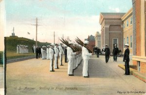 Pre WWI Postcard U.S. Marines Drilling in Front of Barracks