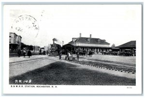 c1920 BR Rail Road Train Station Wagon Horse Carriage View Rochester NH Postcard