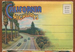 California ca Highways souvenir linen postcard folder