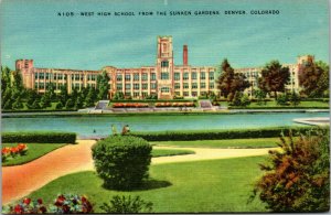 Vtg 1930s West High School From Sunken Gardens Denver Colorado CO Linen Postcard