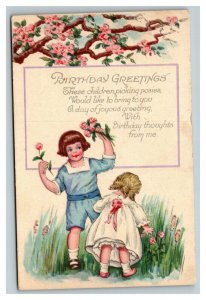 Vintage 1925 Birthday Postcard Cute Children in Field of Pink Flowers