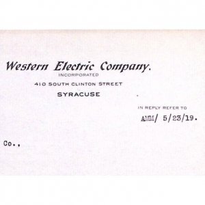 1919 SYRACUSE NEW YORK WESTERN ELECTRIC COMPANY LETTERHEAD LETTER  Z159