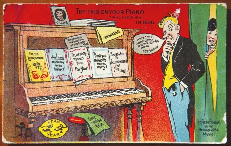 Leap Year 1908 Piano Proposal Pianist 'Try This On Your Piano' Postcard F88
