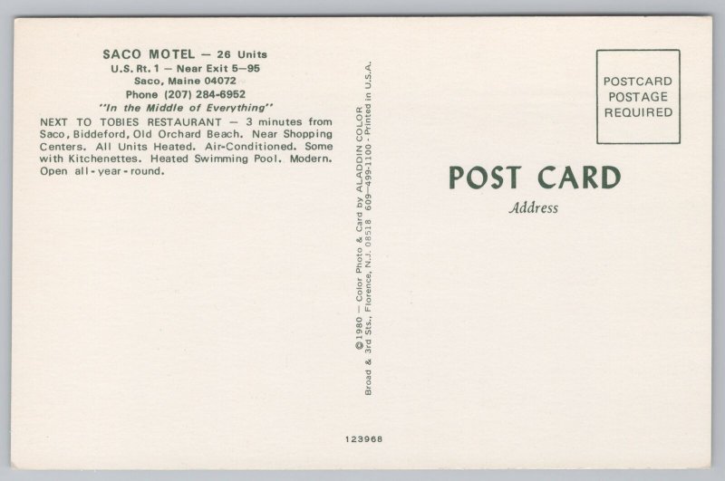 Roadside~Saco Maine~Saco Motel~Tobies Restaurant~Vintage Postcard