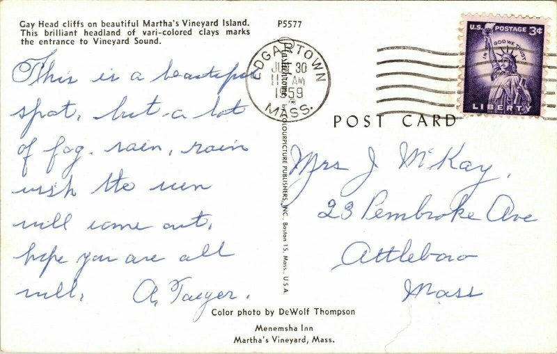 Gay Head Cliffs Martha Vineyard Island MA VTG Postcard PM Edgartown Cancel 3c 