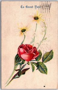 1912 To Greet You Flower Rose Large Print Greetings and Wishes Posted Postcard