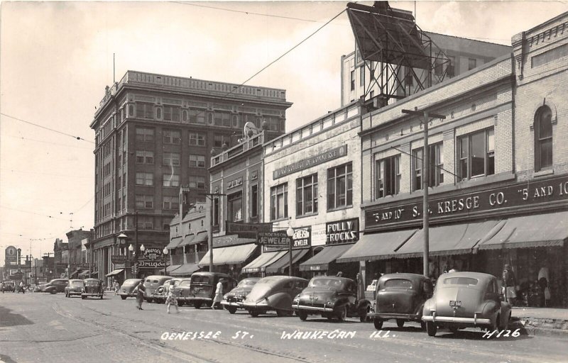 J69/ Waukegan Illinois RPPC Postcard c1940-50s Genessee St Kresge Store 47