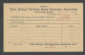 1912 PC Town Mutual Dwelling House Ins Assoc. Des Moines Ia