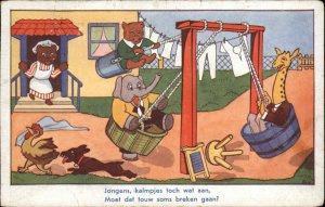 Nederland Netherlands Fantasy Elephant Giraffe in Tub Swings Vintage Postcard