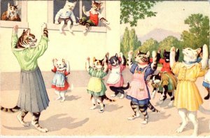 Mainzer DRESSED CATS #4705 SCHOOL YARD  Max Kunzli  ANTHROPOMORPHIC  Postcard