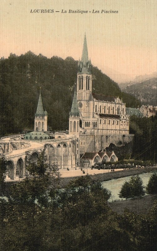 Pools Sanctuary of Our Lady of Lourdes Basilica Church France Vintage Postcard 