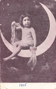 Fantasy 1905 Little Girl Sitting on Crescent Moon Scarf vintage postcard C354