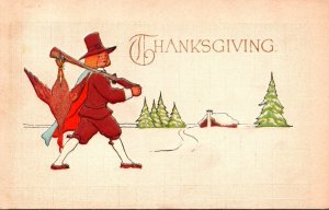 Thanksgiving Greetings With Pilgrim Carrying Turkey