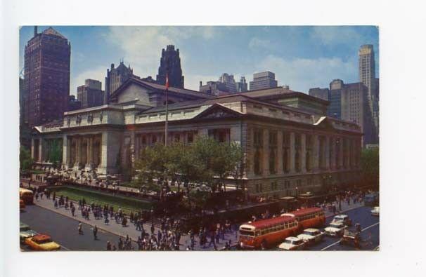 New York City NY Street View Library Old Cars Vintage Store Fronts Postcard