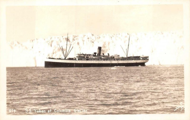 RPPC S.S. YUKON AT COLUMBIA GLACIER ALASKA SHIP REAL PHOTO POSTCARD (1940s)