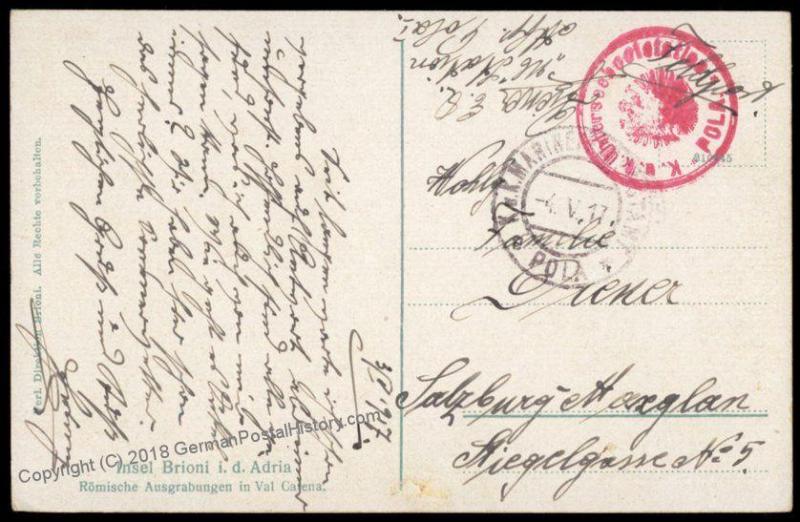 Austria 1917 WWI Submarine UBoot Station Pola Croatia Feldpost Cover 72102