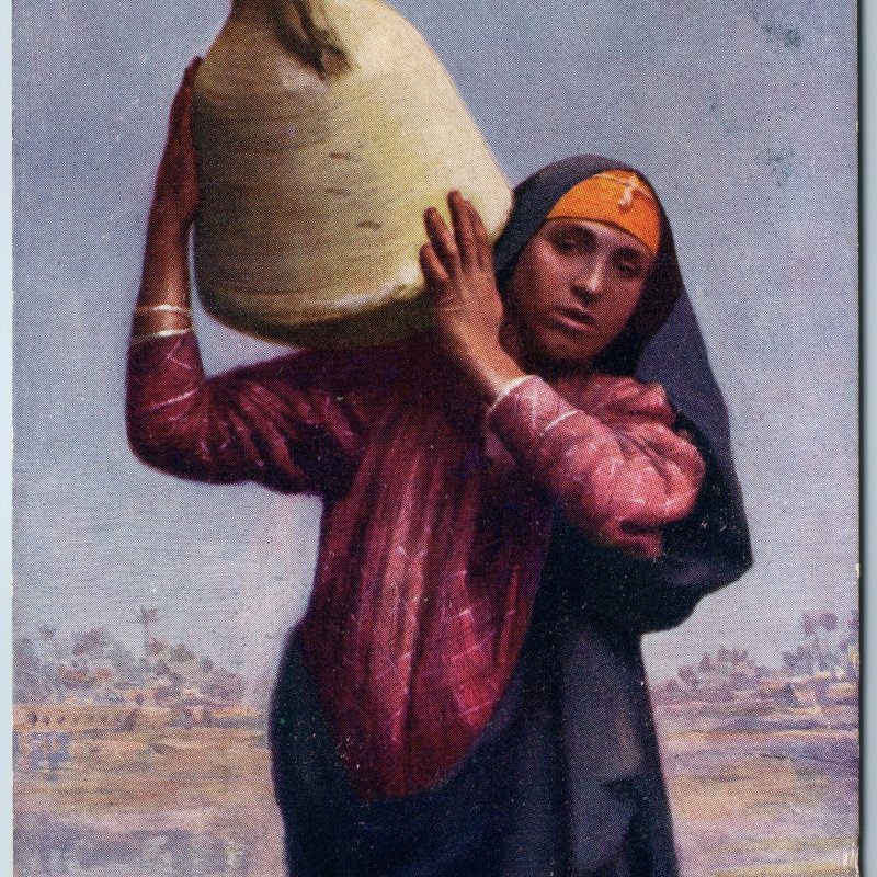 c1910s Woman Water Carrier Egyptian Gazette Oilette - Raphael Tuck Painting A200