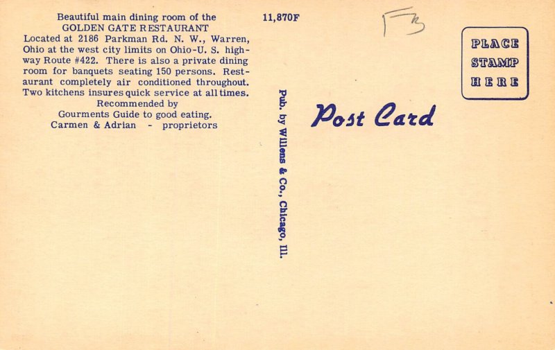 LPD62  Ohio Postcard: Warren, Golden Gate Restaurant interior