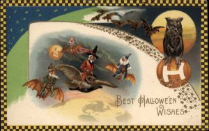 Halloween Winsch Schmucker #28 Witch Riding Owl Checkered Border Postcard