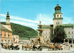 postcard  Salzburg - Glockenspiel, Residence Square with Residence fountain