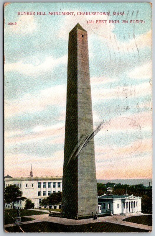 Charlestown Massachusetts 1908 Postcard Bunker Hill Monument  drawing on back