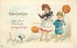 Halloween, Two Little Girls with Black Cat, Barking Dog, JOL, Stecher 1290 C