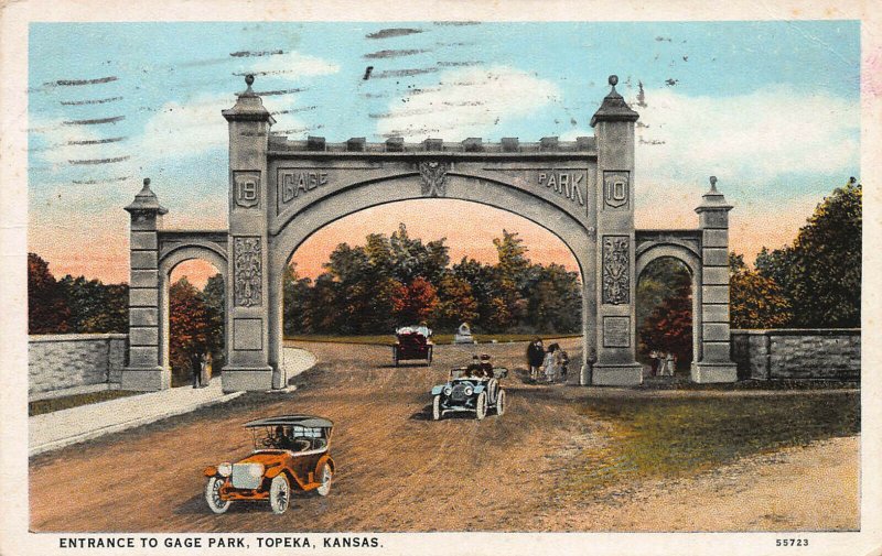 Cars and Entrance to Gage Park, Topeka, Kansas, early postcard, used in 1927