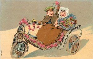 Postcard C-1910 Children Motorcycle trike 4 leaf Clover artist  22-13565