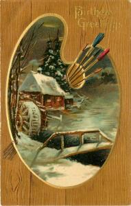 c1907 Embossed Birthday Postcard Ser. 304 Artist's Palette w/ Snowy Mill Scene