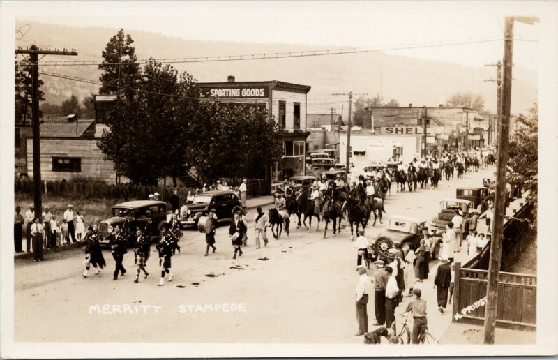 Merritt Stampede Merritt BC Parade Sporting Goods Shell c1936 RPPC Postcard E79