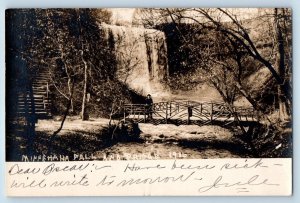 Minneapolis MN Postcard RPPC Photo Minnehaha Falls And Bridge Waterfalls 1907