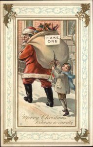 Christmas Little Boy Cuts Hole in Santa Claus Sack Scissors c1910 Postcard