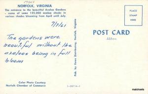 1960s Norfolk Virginia Entrance Azalea Gardens Rowe postcard 10885