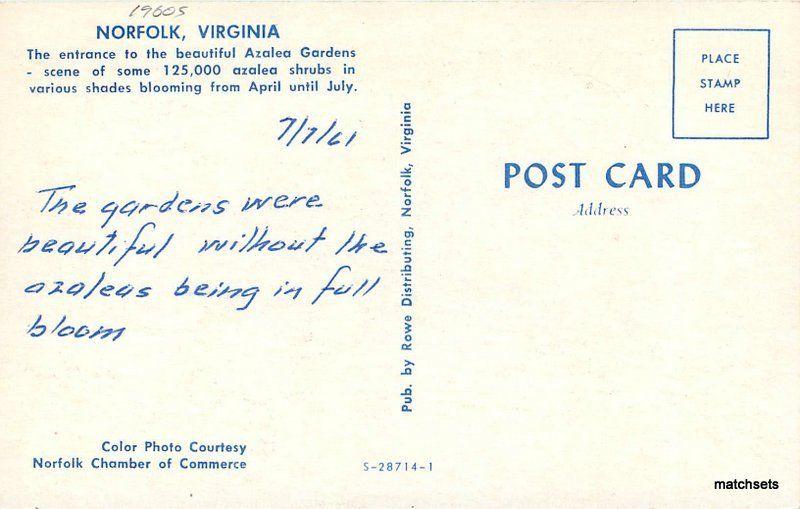 1960s Norfolk Virginia Entrance Azalea Gardens Rowe postcard 10885