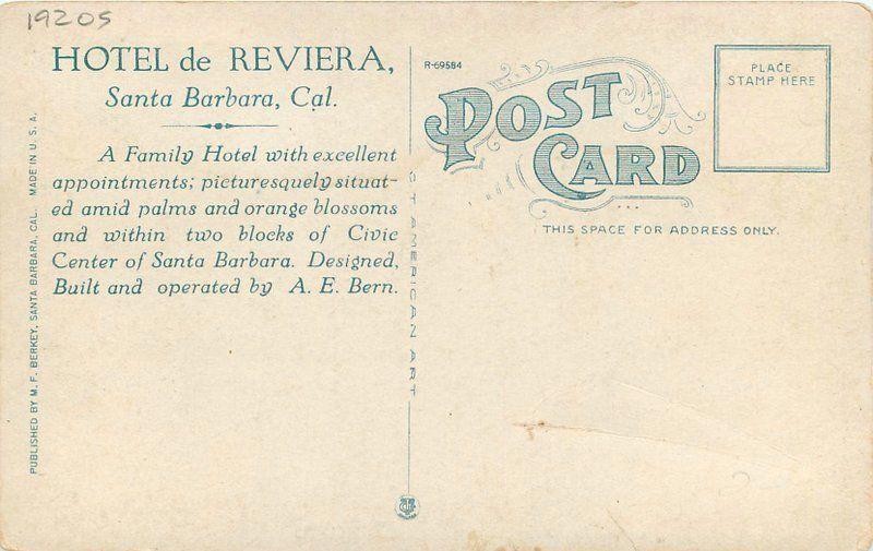 Berkey 1920s Hotel De Riviera Santa Barbara California roadside postcard 8745