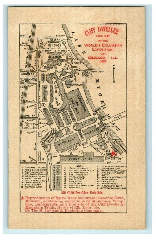 1893 Map Of World's Fair Cliff-Dweller Exhibit Balcony House Chicago B 7J