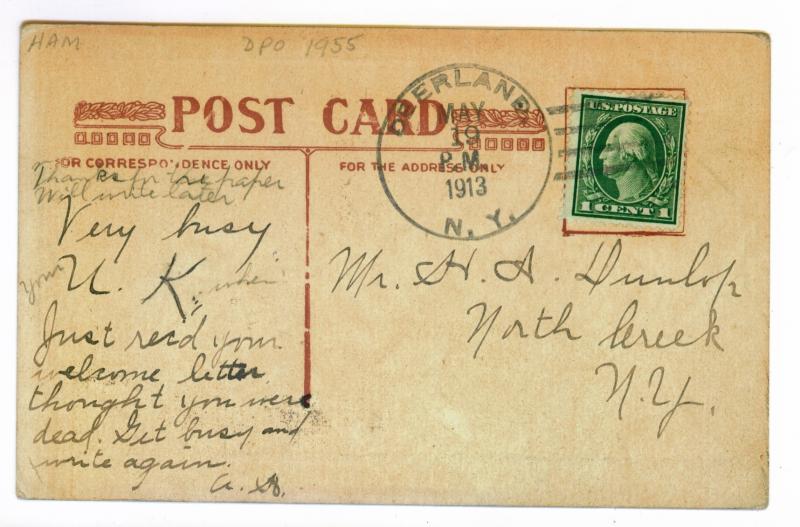 Deerland to North Creek, New York 1913 Gilt Bordered Romance Postcard