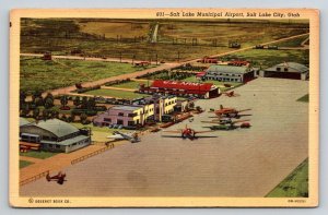 Salt Lake Municipal Airport Utah Linen Postcard U.S. Army Airfield Curteich
