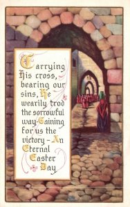 Vintage Postcard 1920s Happy Easter Carrying His Cross Bearing Our Sins Greeting