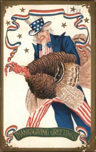 PATRIOTIC THANKSGIVING Uncle Sam w Turkey c1910 Postcard