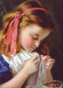 Little Girl sewing knits Pink Bow by Sophie Anderson NEW Modern Postcard