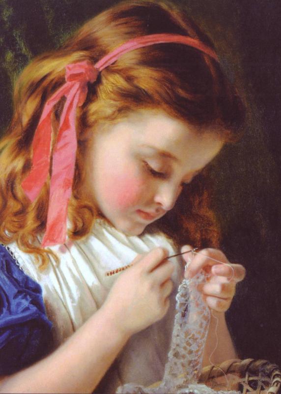 Little Girl sewing knits Pink Bow by Sophie Anderson NEW Modern Postcard